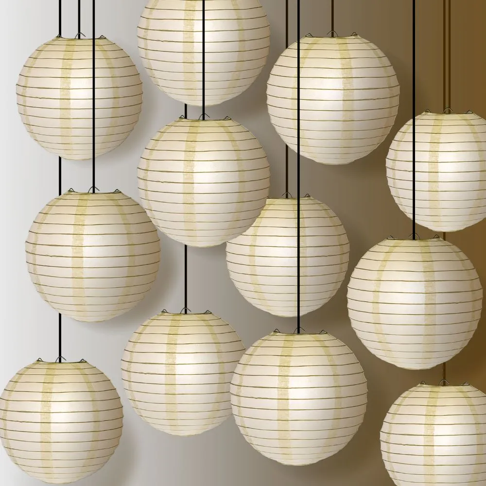 12 PACK | Beige Even Ribbing Round Paper Lantern, Hanging Combo Set