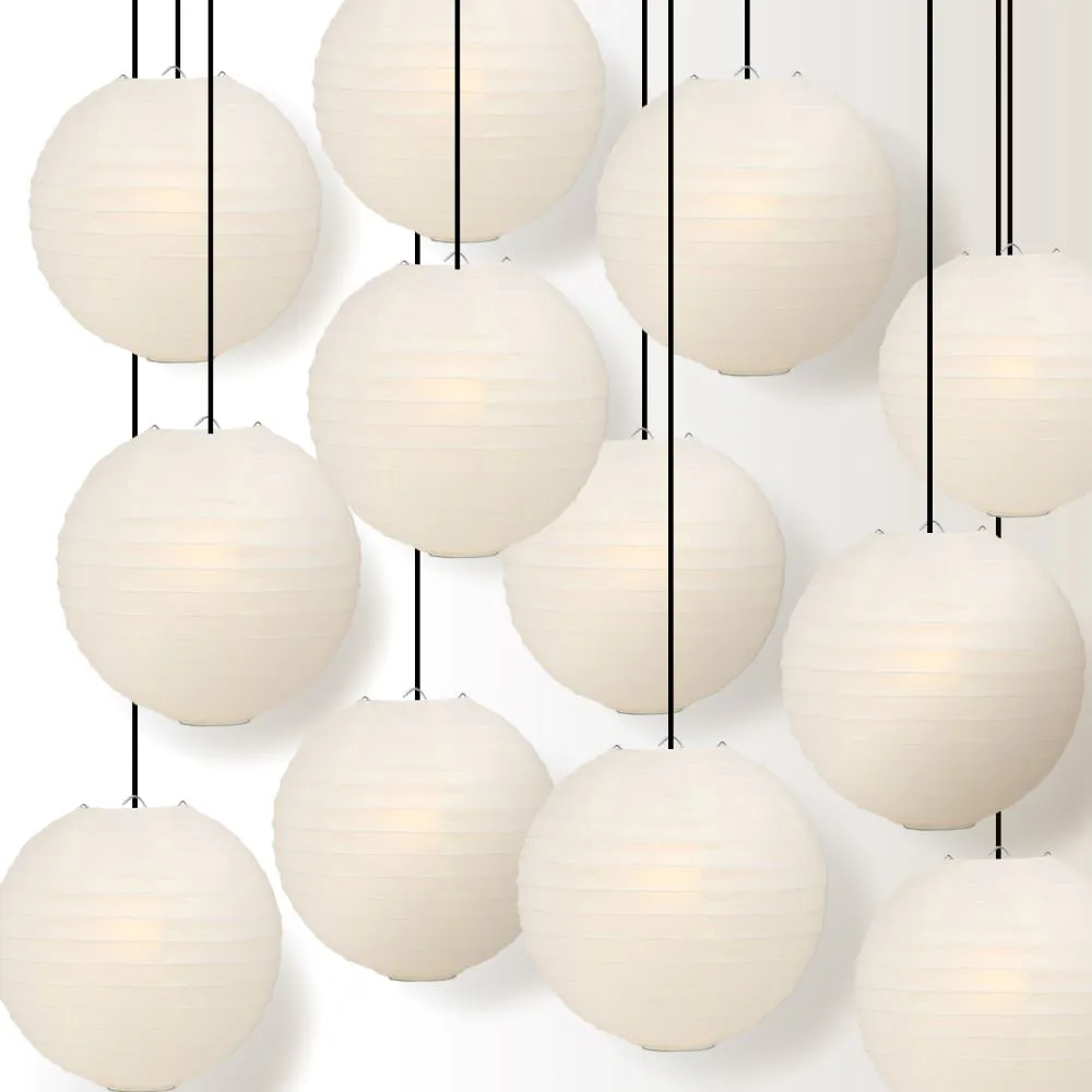 12 PACK | Beige Even Ribbing Round Paper Lantern, Hanging Combo Set