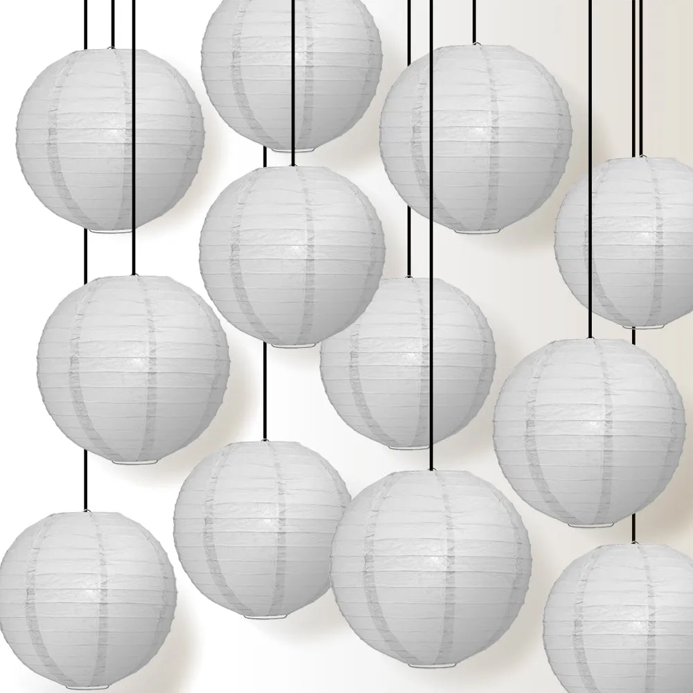 12 PACK | Grey Even Ribbing Round Paper Lantern, Hanging Combo Set