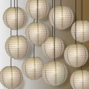 12 PACK | Grey Even Ribbing Round Paper Lantern, Hanging Combo Set