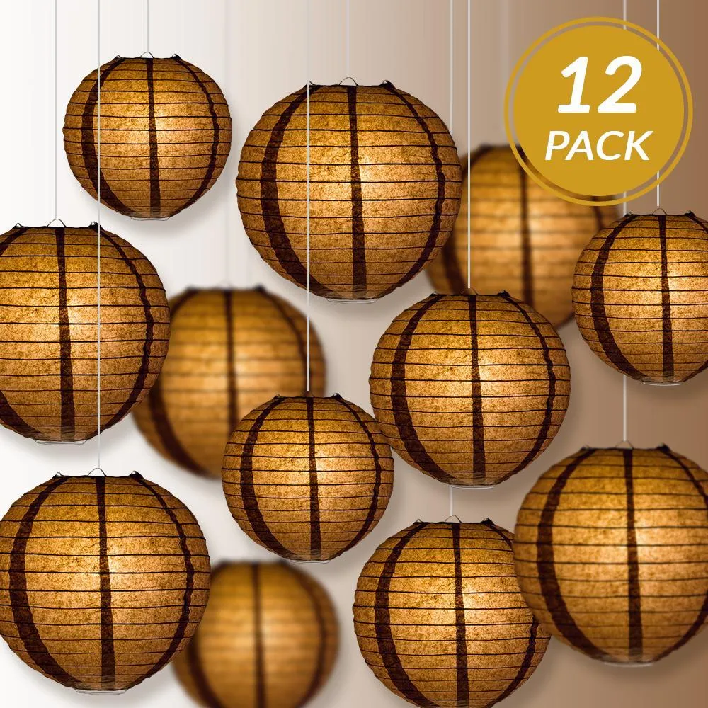 12-PC Brown Paper Lantern Chinese Hanging Wedding & Party Assorted Decoration Set, 12/10/8-Inch