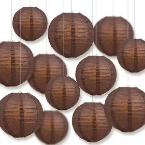 12-PC Brown Paper Lantern Chinese Hanging Wedding & Party Assorted Decoration Set, 12/10/8-Inch