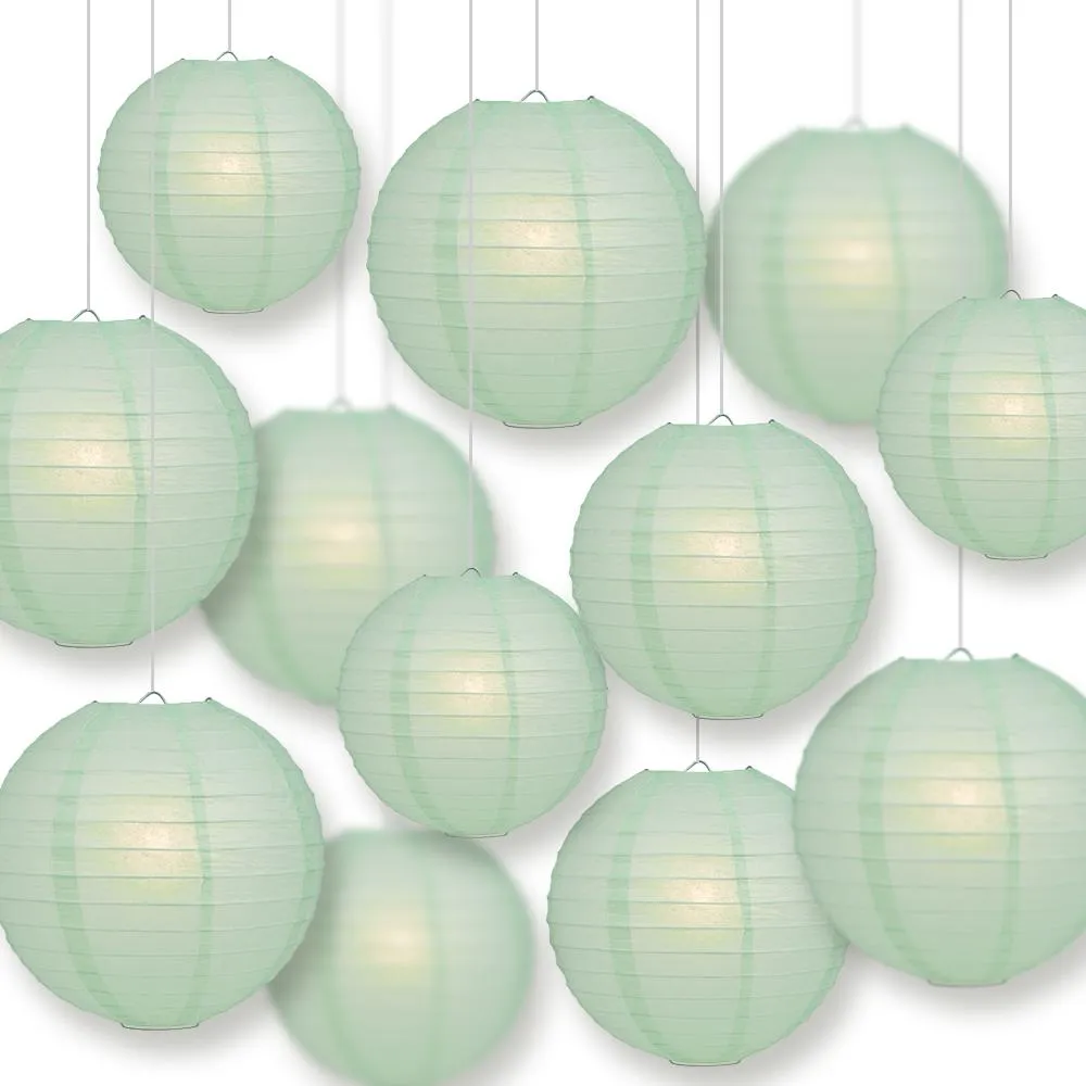 12-PC Cool Mint Green Paper Lantern Chinese Hanging Wedding & Party Assorted Decoration Set, 12/10/8-Inch