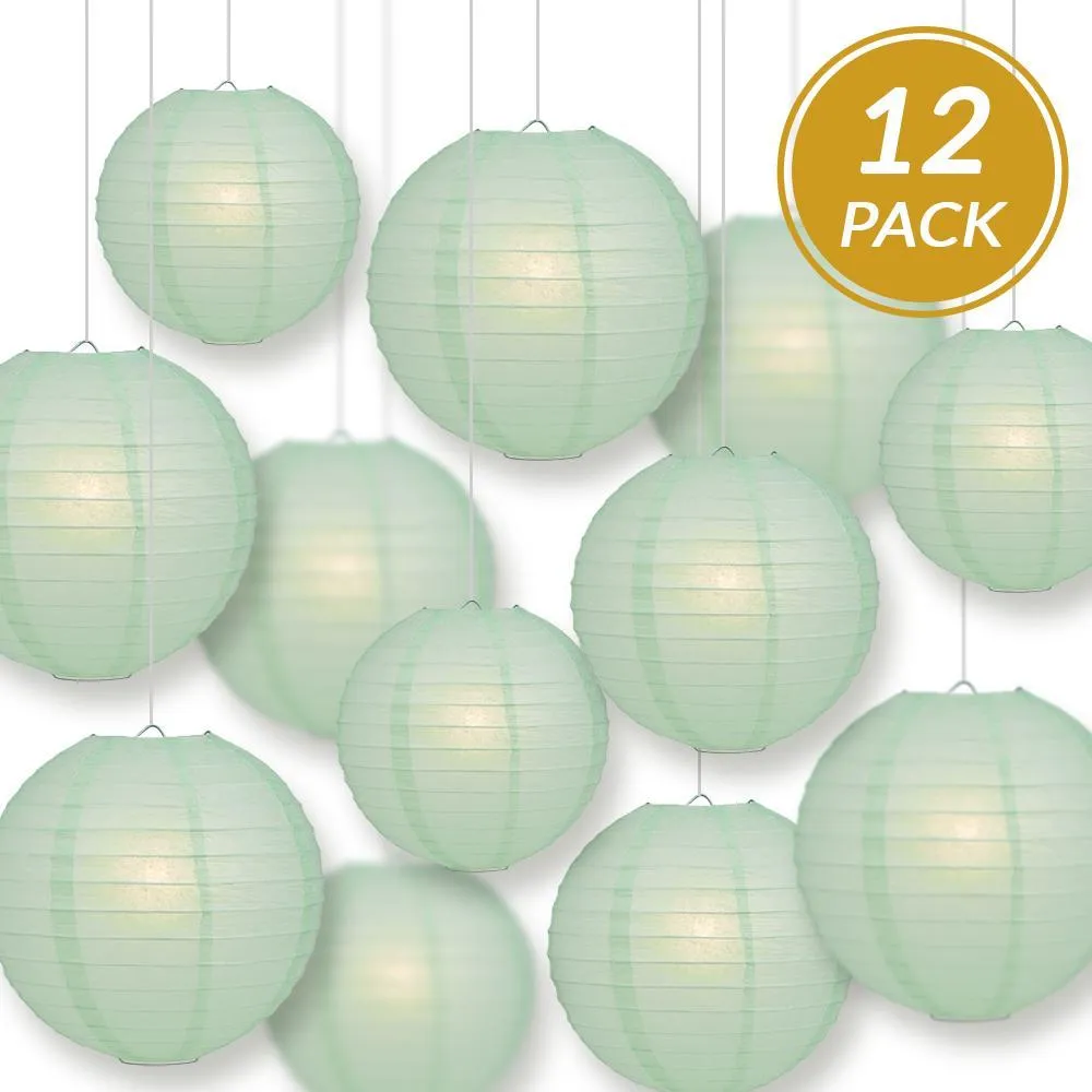 12-PC Cool Mint Green Paper Lantern Chinese Hanging Wedding & Party Assorted Decoration Set, 12/10/8-Inch