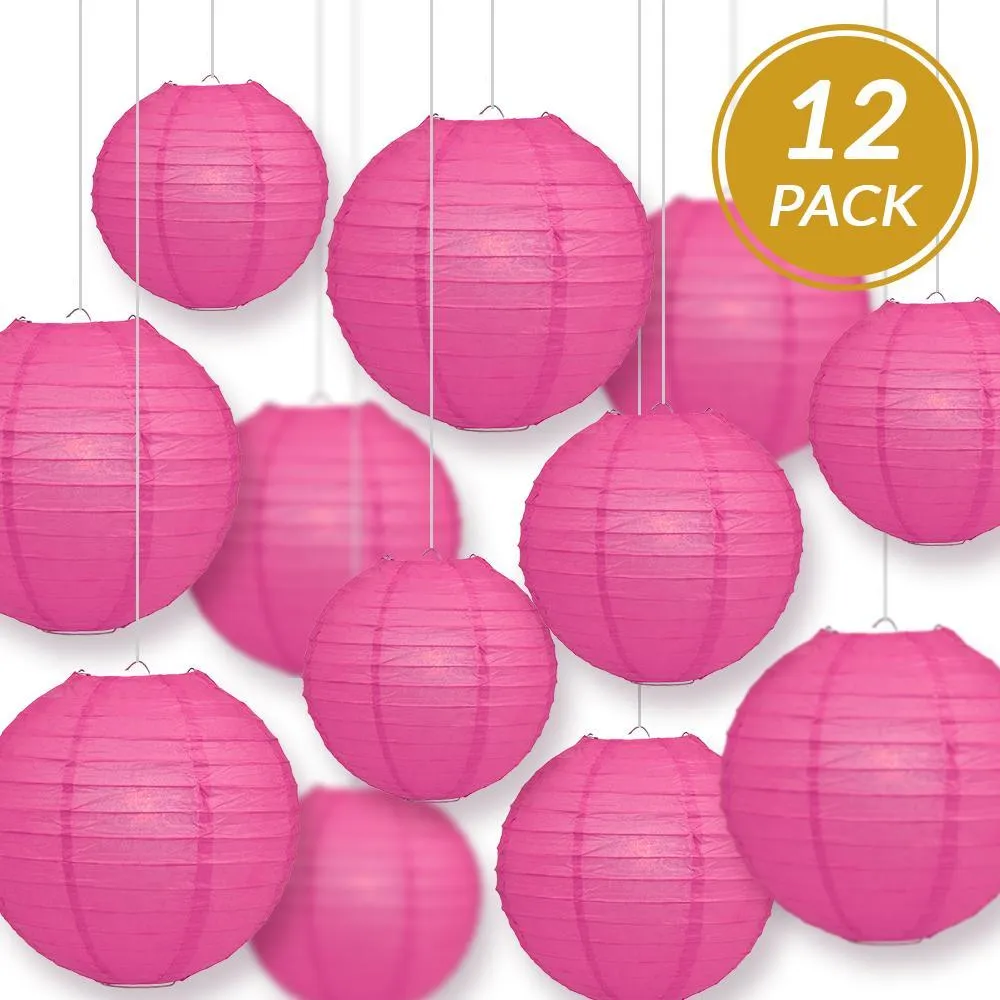 12-PC Fuchsia / Hot Pink Paper Lantern Chinese Hanging Wedding & Party Assorted Decoration Set, 12/10/8-Inch