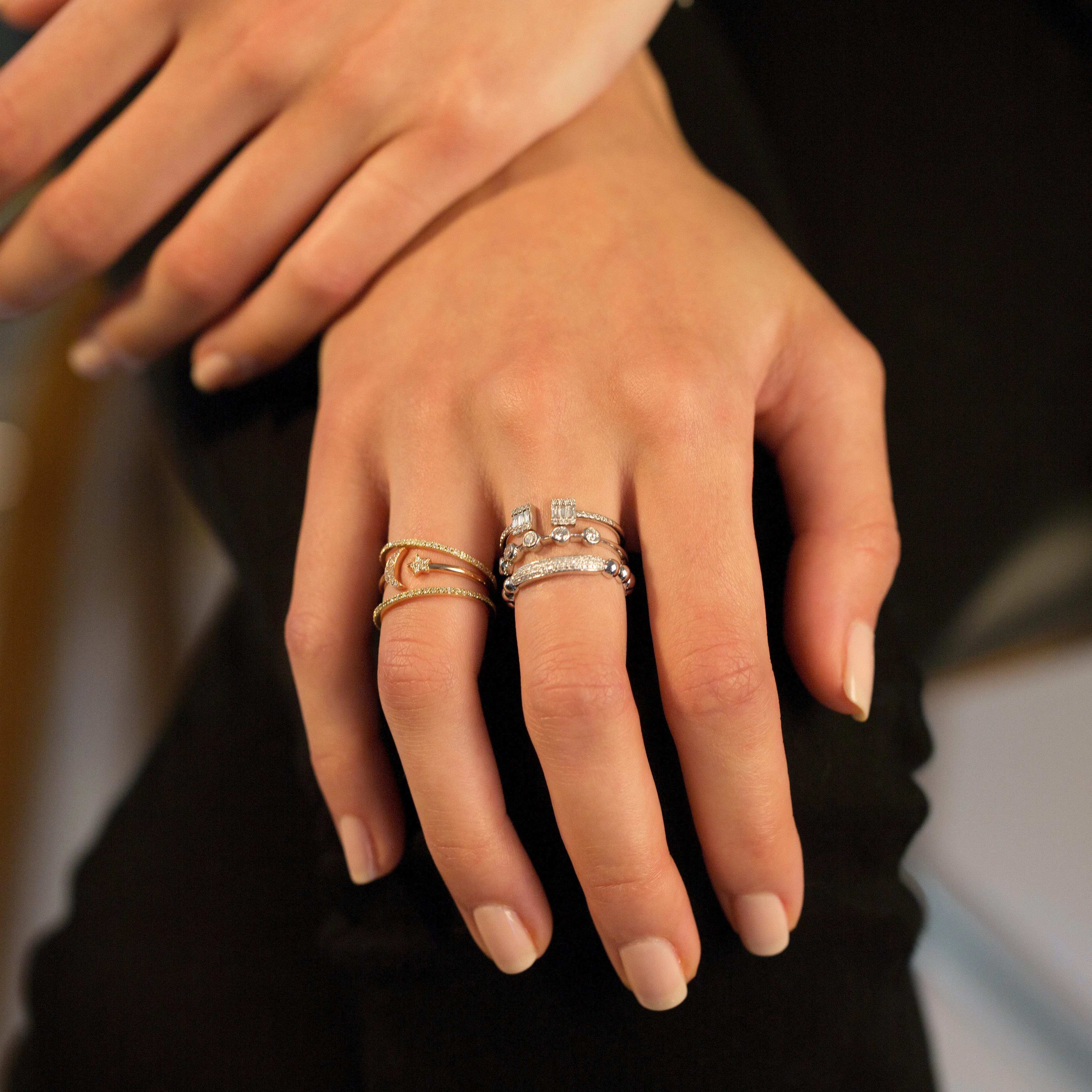 14KT GOLD DIAMOND MOON AND STAR CUFF RING