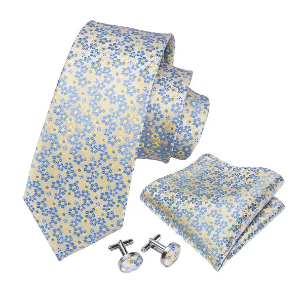 Classy Men Yellow Blue Mini Flower Silk Tie