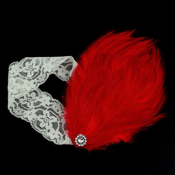 Girl's White Lace Stretch Headband with Red Feather & Rhinestones