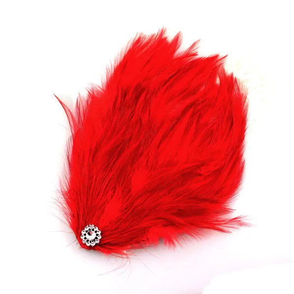 Girl's White Lace Stretch Headband with Red Feather & Rhinestones