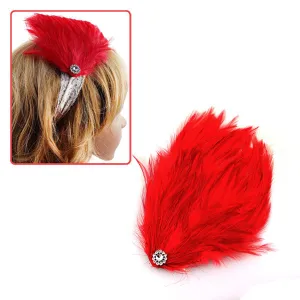 Girl's White Lace Stretch Headband with Red Feather & Rhinestones