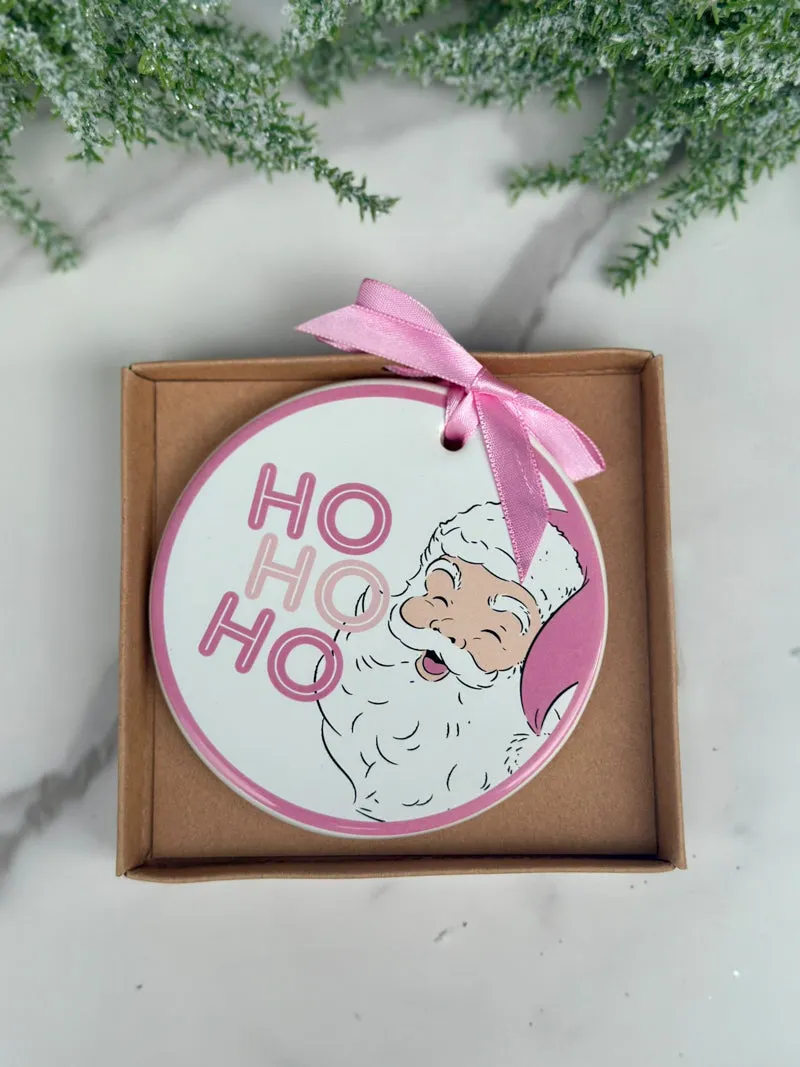 Ho Ho Ho Disk Ornament - White/Pink