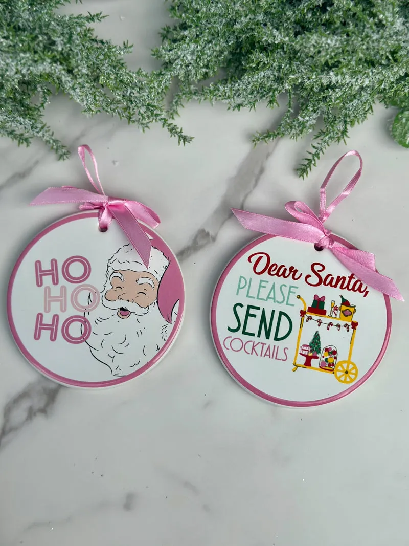 Ho Ho Ho Disk Ornament - White/Pink