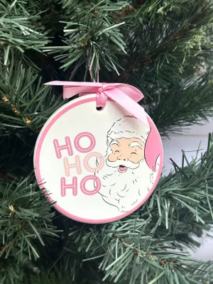 Ho Ho Ho Disk Ornament - White/Pink