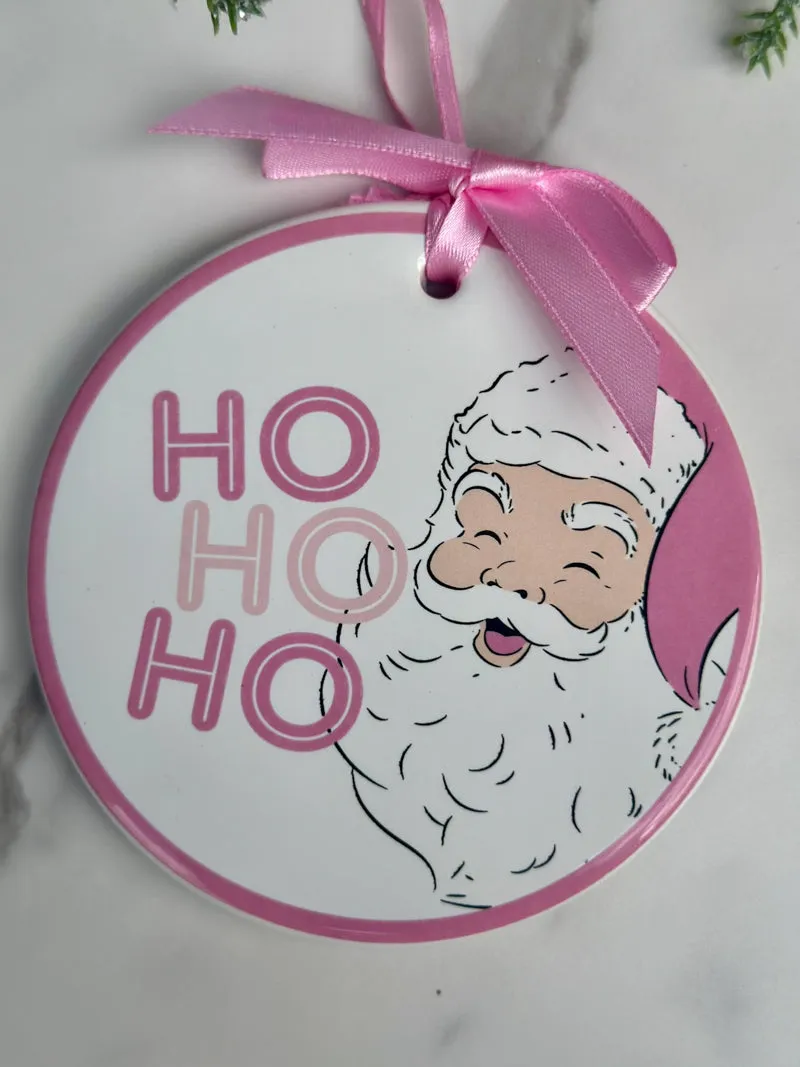 Ho Ho Ho Disk Ornament - White/Pink