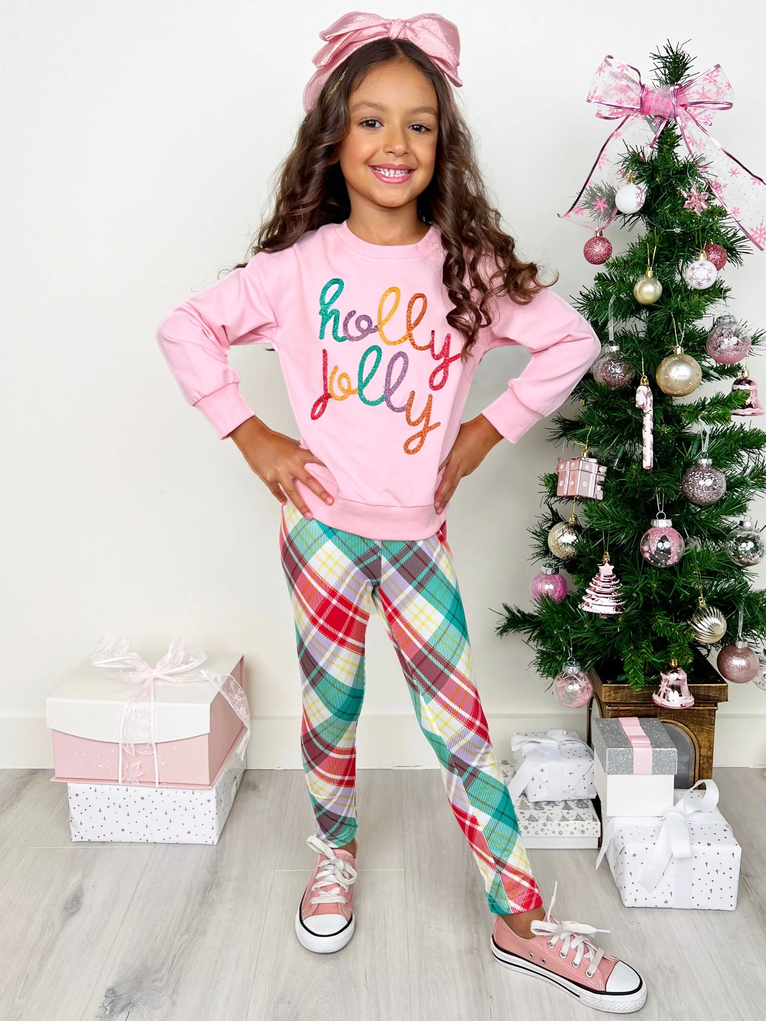 Holly Jolly Pink Top And Christmas Plaid Legging Set