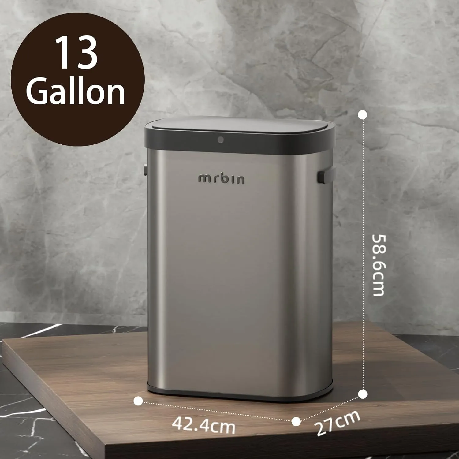 Mrbin Automatic 50L/13gal Stainless Steel Trash Can with Lid, Large Commercial Touchless Motion Sensor Waste Basket, Tall Rectangle Garbage Bin for Kitchen, Garage, Office, Eclipse Grey