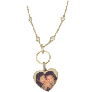 Personalized Gold Heart Shaped Picture Pendant on White Topaz "by the Yard" type Chain