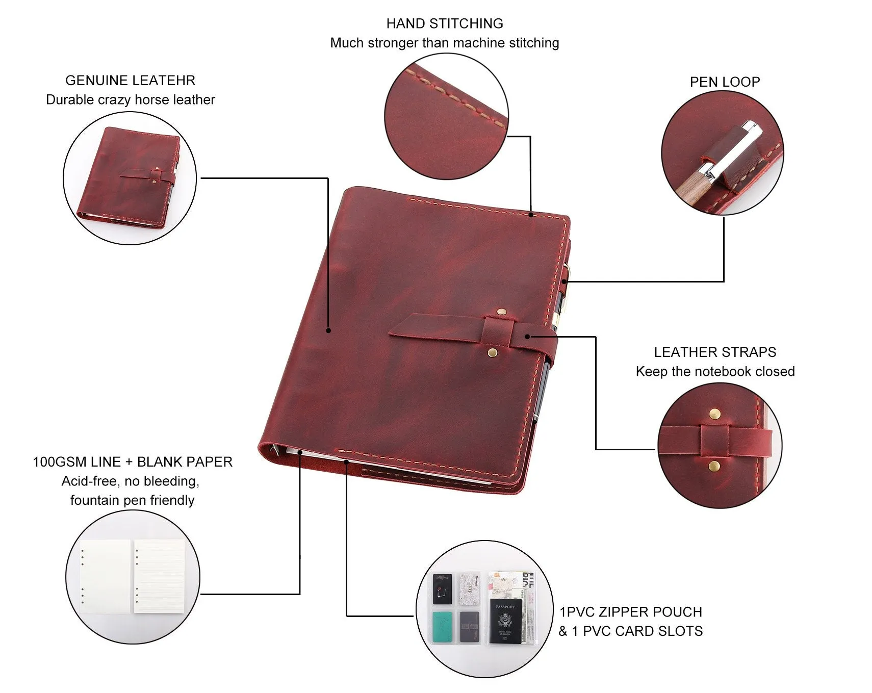 Personalized Ring Binder A5 Genuine Leather Travel Notebook