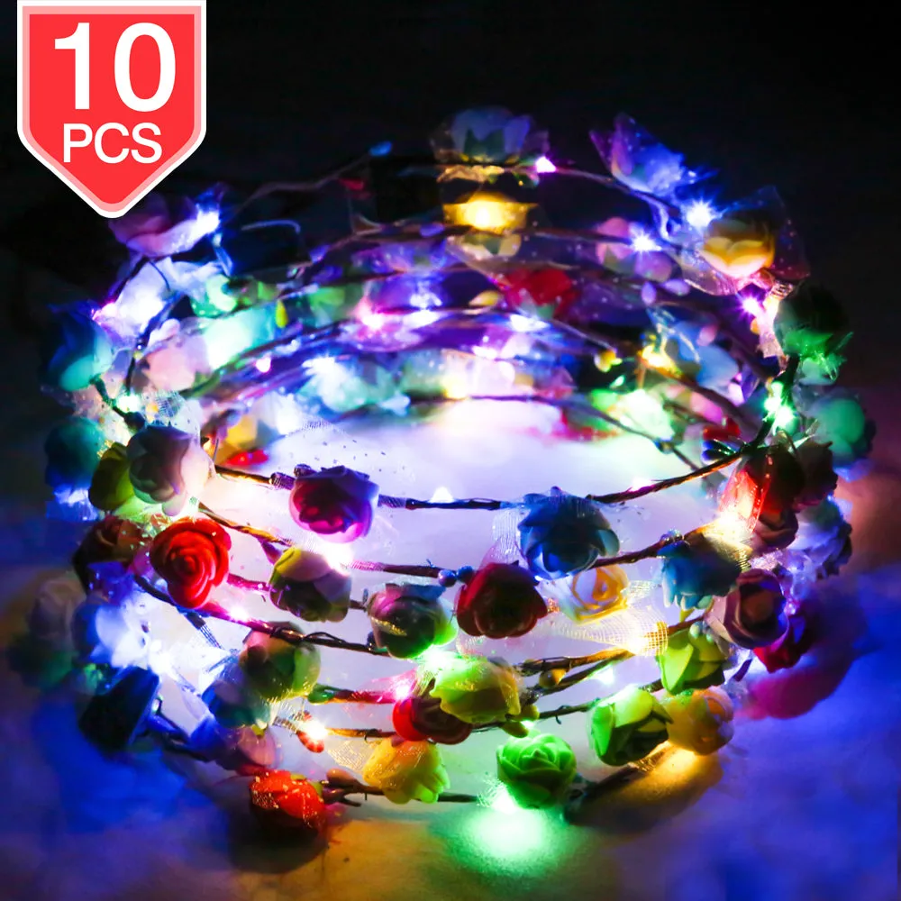 PROLOSO LED Flower Crown Light Up Foam Flower Wreath Headband Glow in The Dark Headpiece Headdress Party Supplies for Wedding Festival Party 10 Pcs