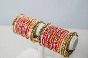 Raji Hot Pink and Yellow Bangles - 2 Hand Set