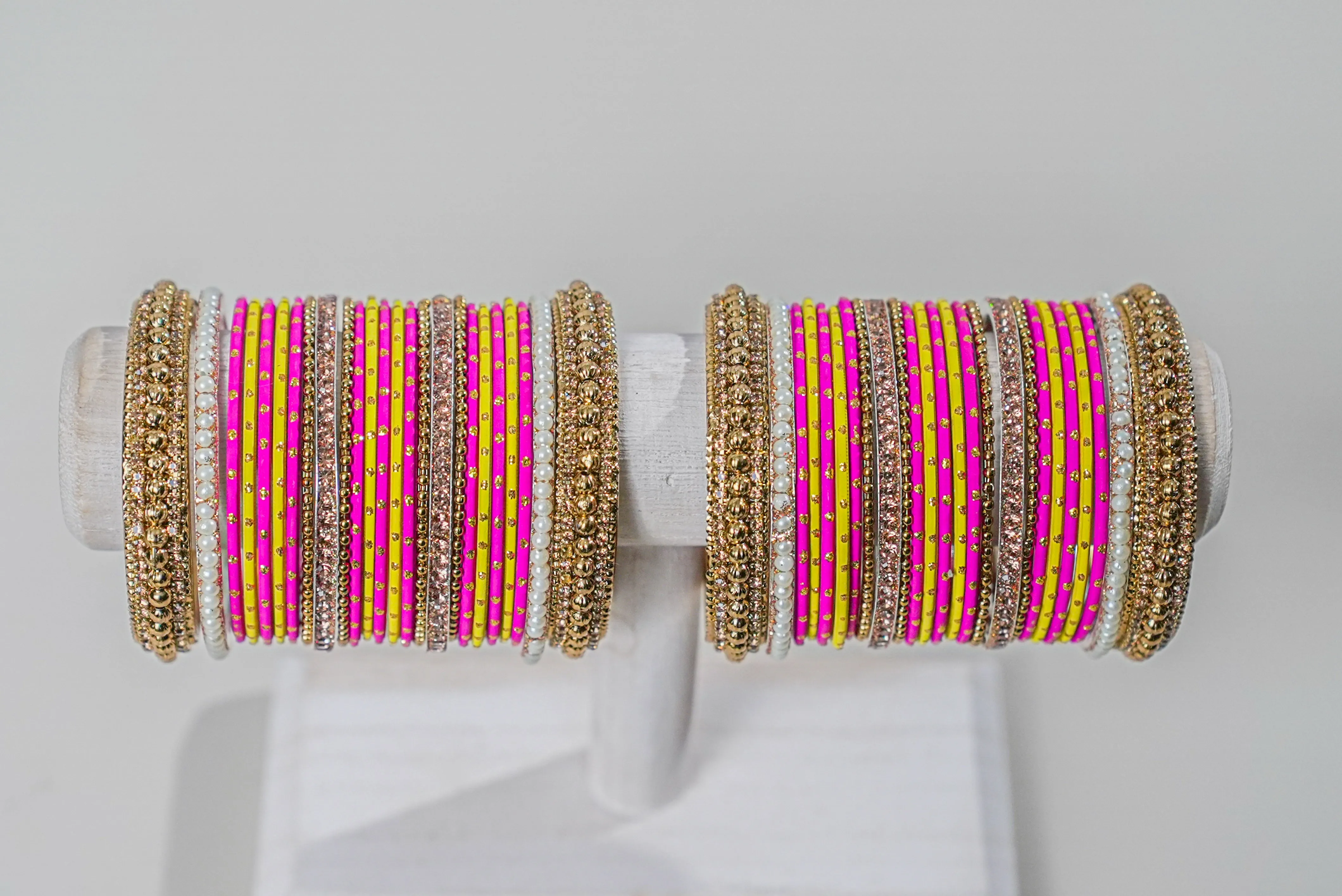 Raji Hot Pink and Yellow Bangles - 2 Hand Set