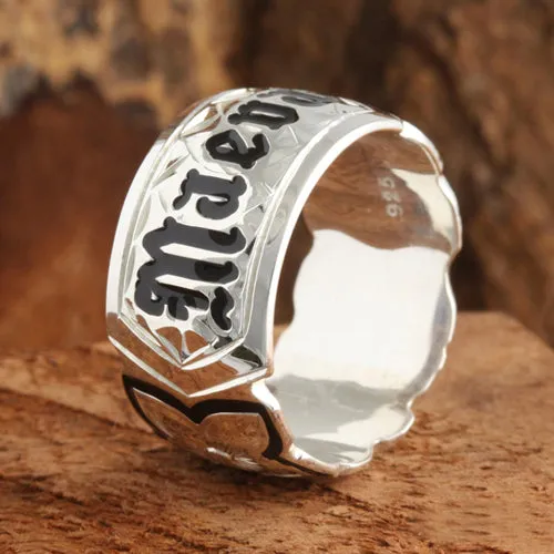 Sterling Silver Custom-Made Plumeria Scroll with Black Enamel Letter Cut Out Edge Ring (Heavy 1.75)