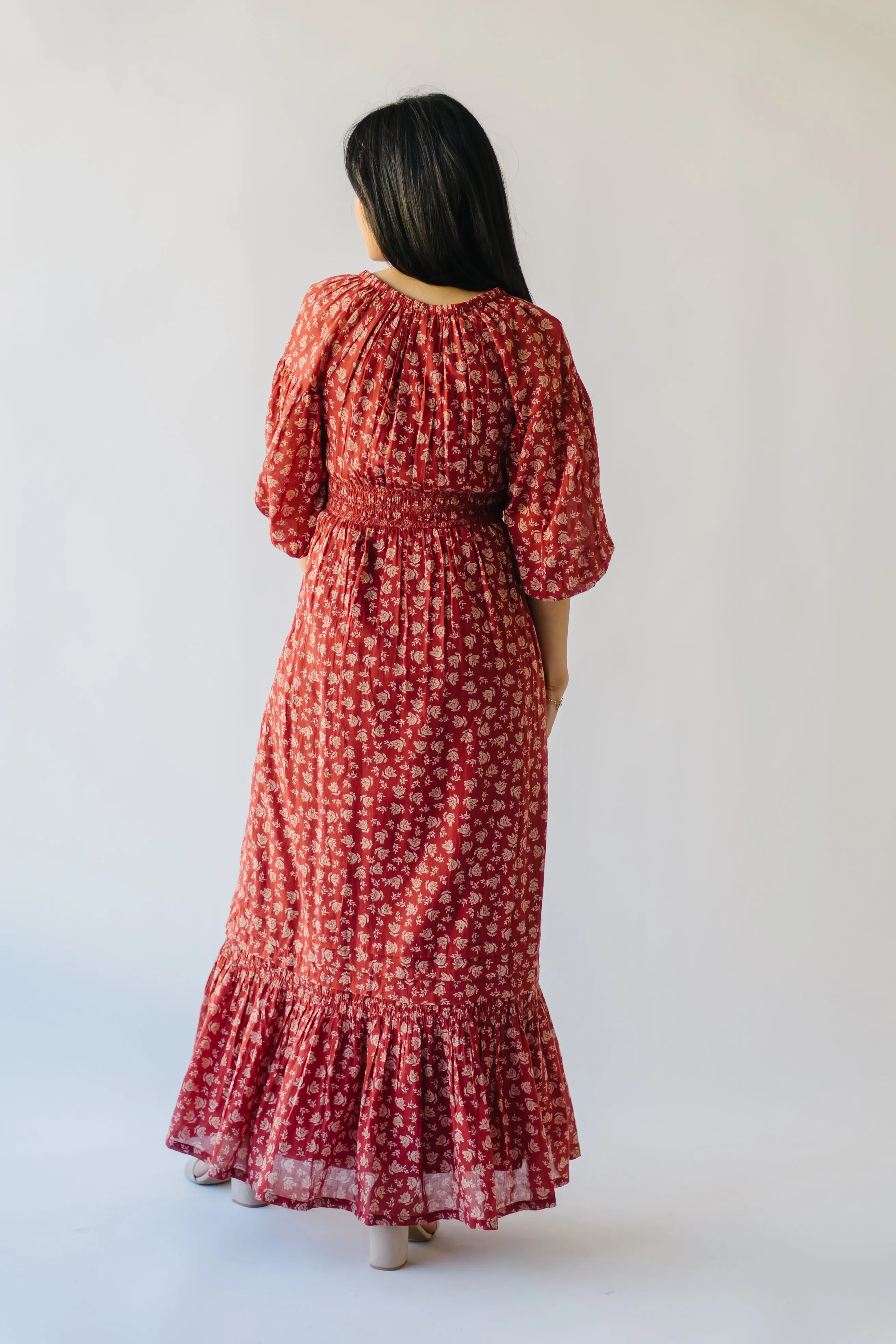 The Lewiston Smocked Detail Maxi Dress in Antique Brick