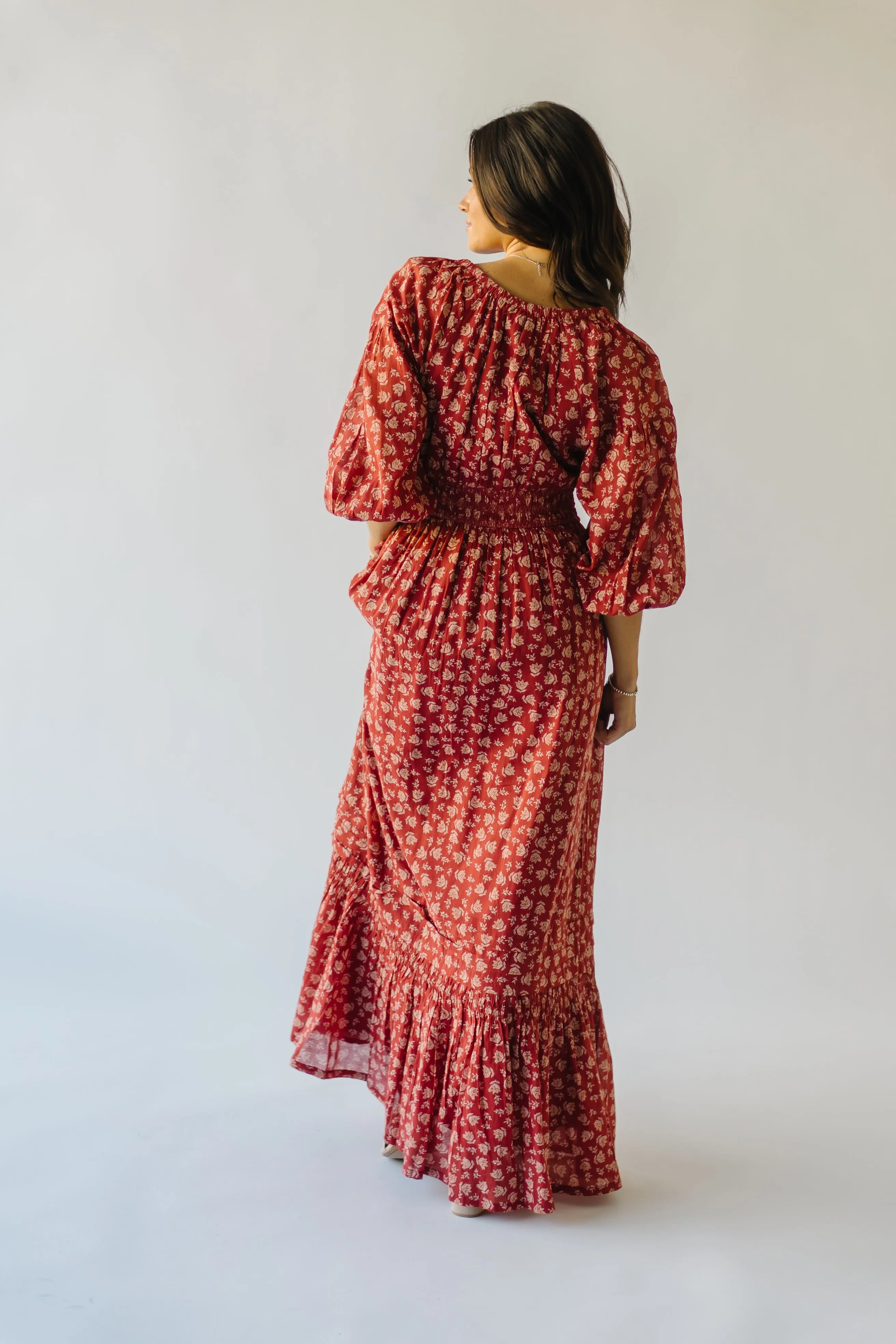 The Lewiston Smocked Detail Maxi Dress in Antique Brick