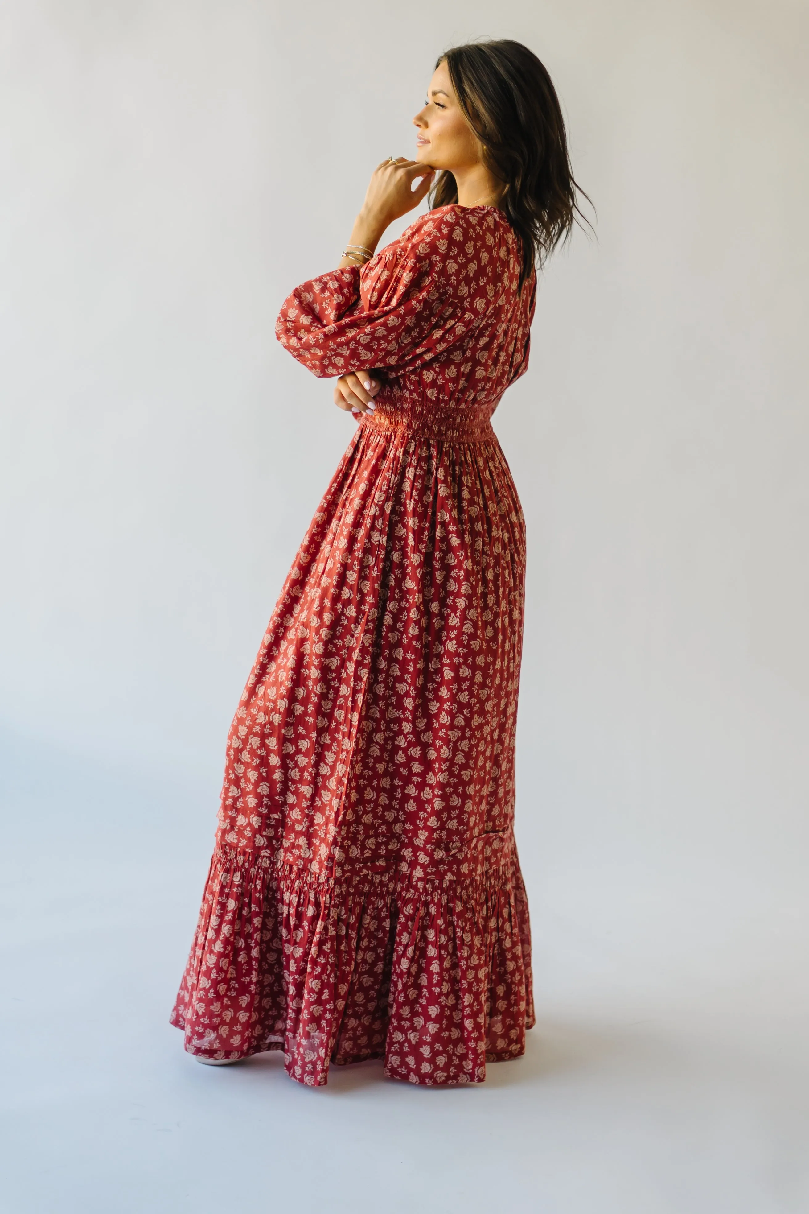 The Lewiston Smocked Detail Maxi Dress in Antique Brick