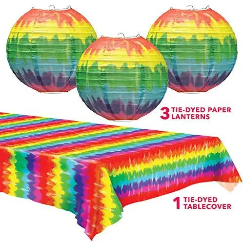 Tie Dye Paper Lanterns & Table Cover Set - Party Decorations for 60's or Hippie Theme